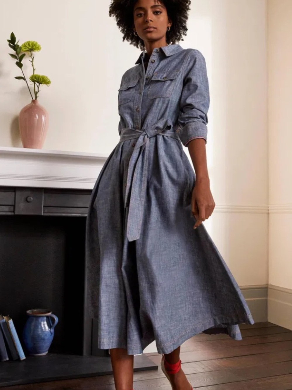 Boden Colette chambray denim midi long sleeve belted dress ladies size US 14 NWT